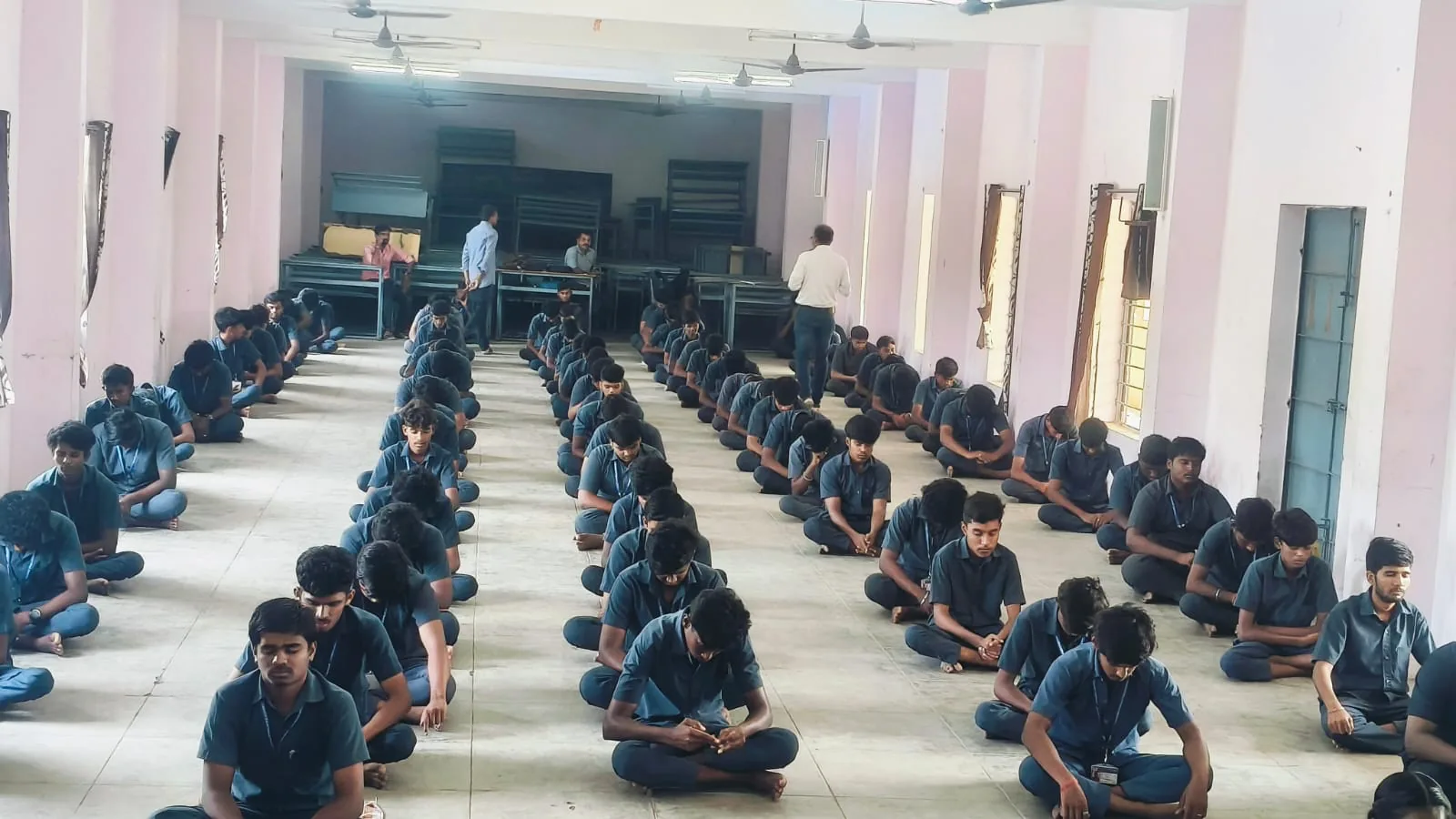 Students of Vaani Polytechnic College in deep meditation during the 2.5-hour yoga day session
