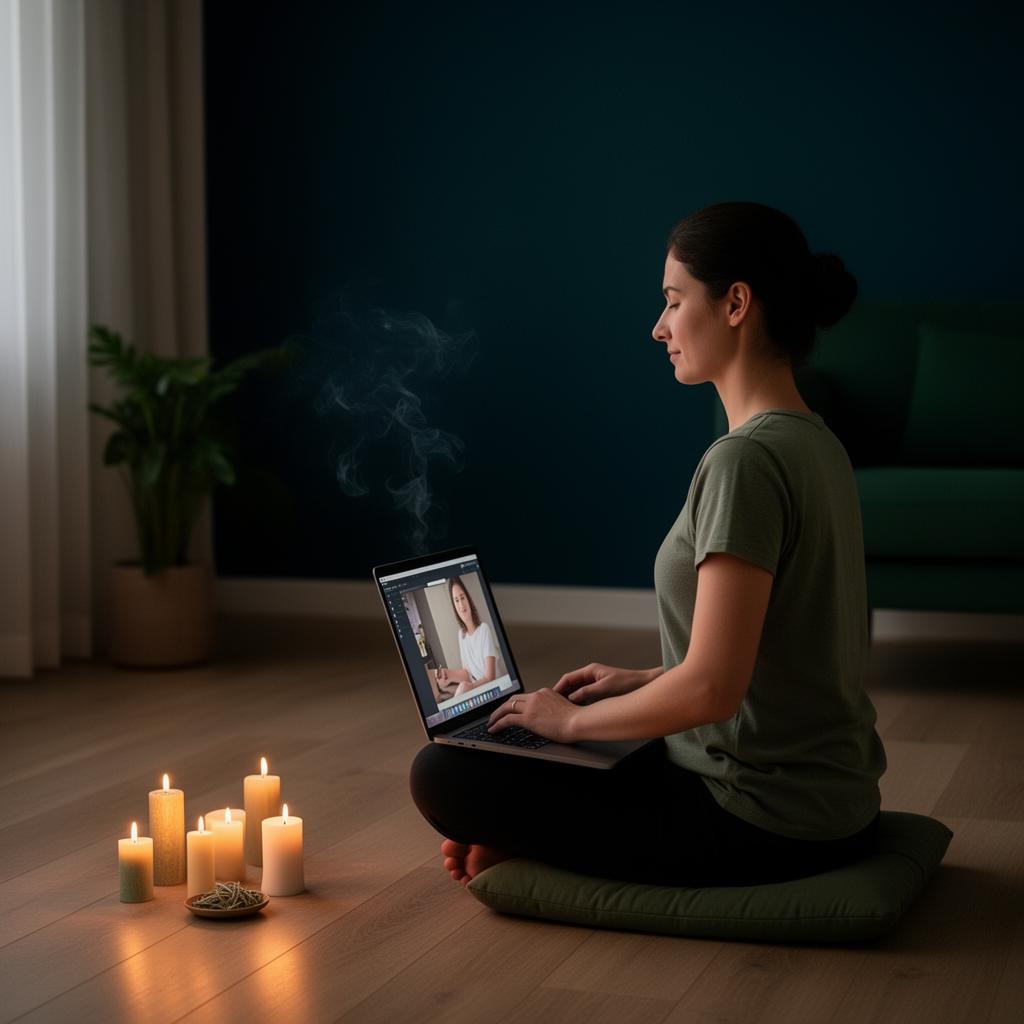 Person meditating at home during an online session